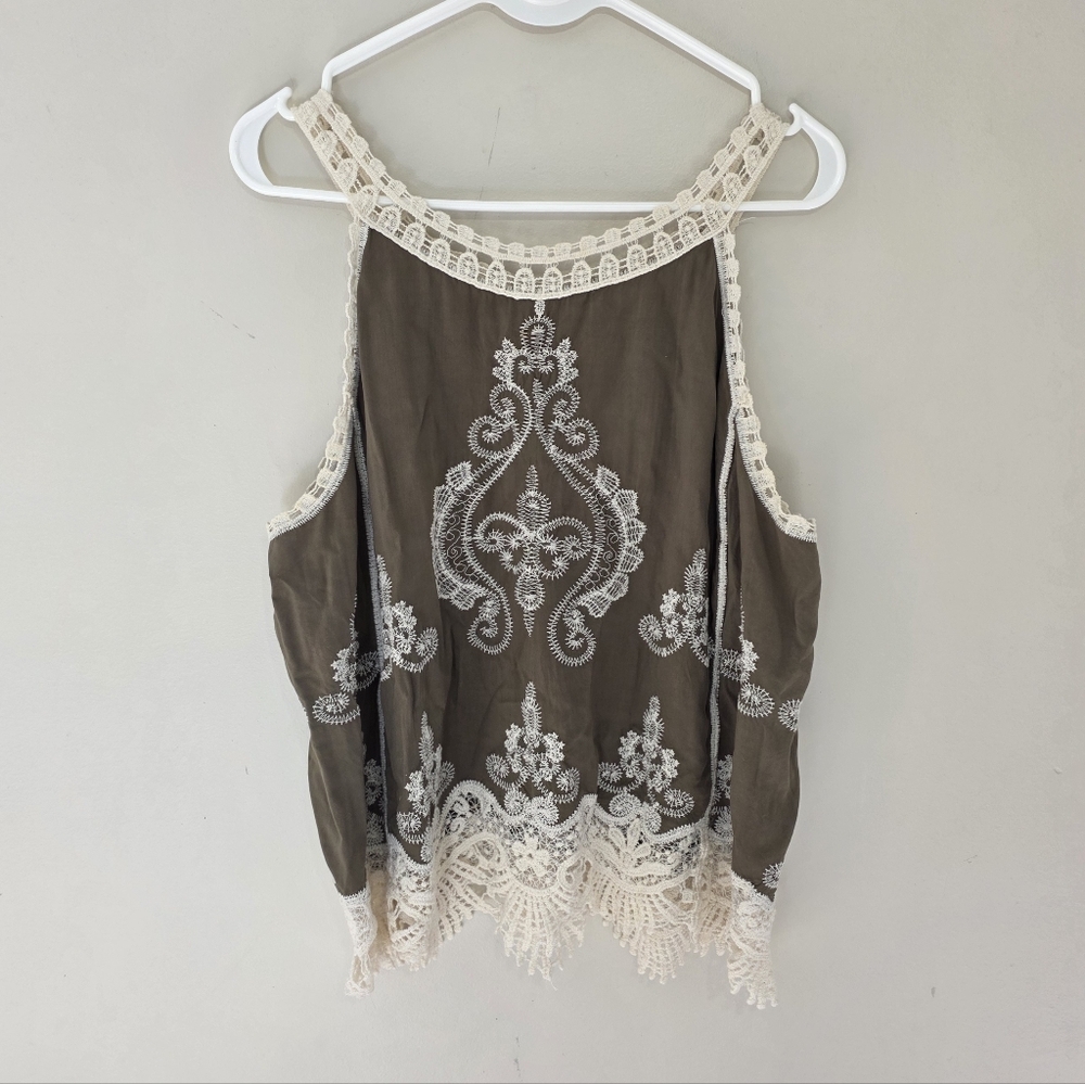 Ultra Pink Embroidered Lace Trim Blouse - Olive and Cream